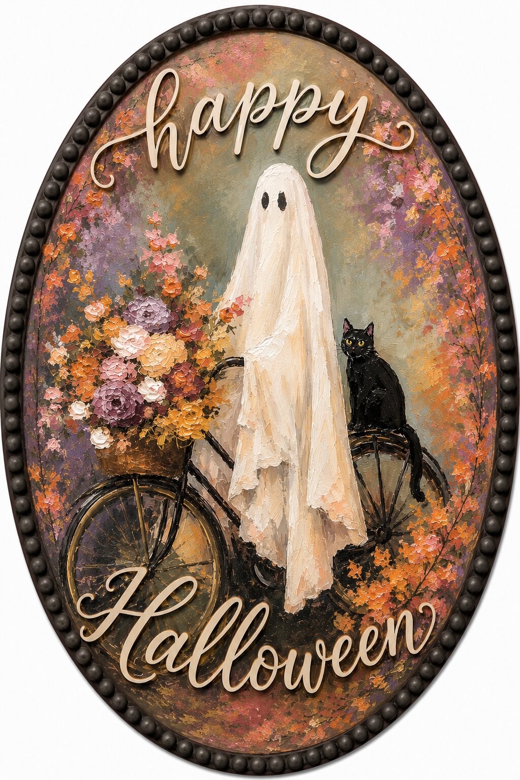 Happy Halloween Ghost On Bicycle 12" Wood Wreath Sign - MF-W-0114