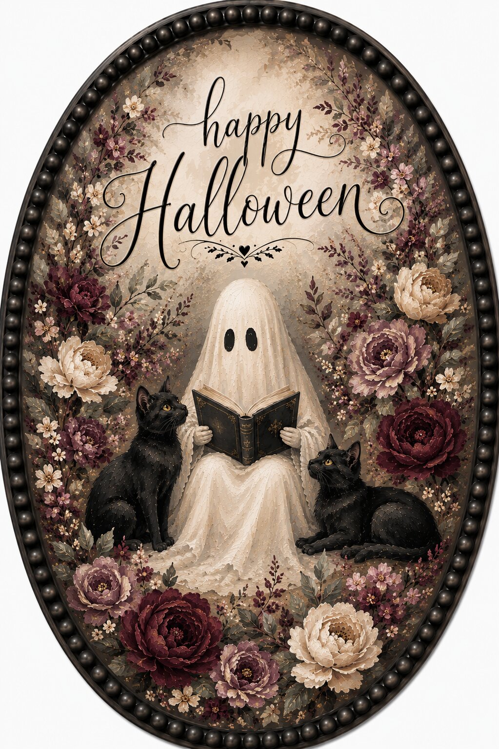 Happy Halloween Ghost Reading With Cats 12" Wood Wreath Sign - MF-W-0116