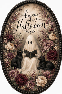 Thumbnail for Happy Halloween Ghost Reading With Cats 12" Wood Wreath Sign - MF-W-0116