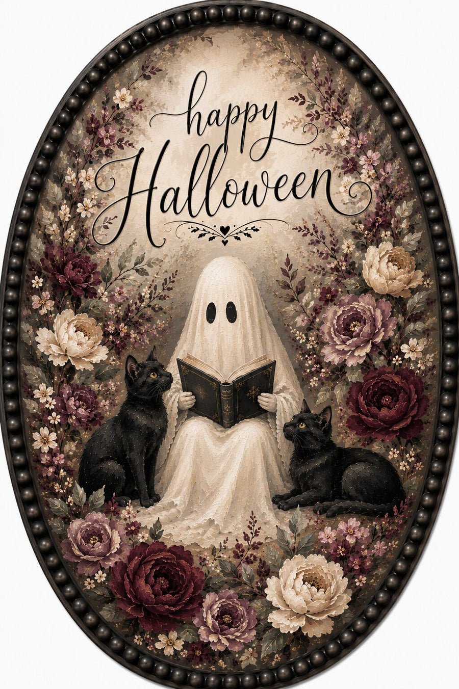 Happy Halloween Ghost Reading With Cats 12" Wood Wreath Sign - MF-W-0116