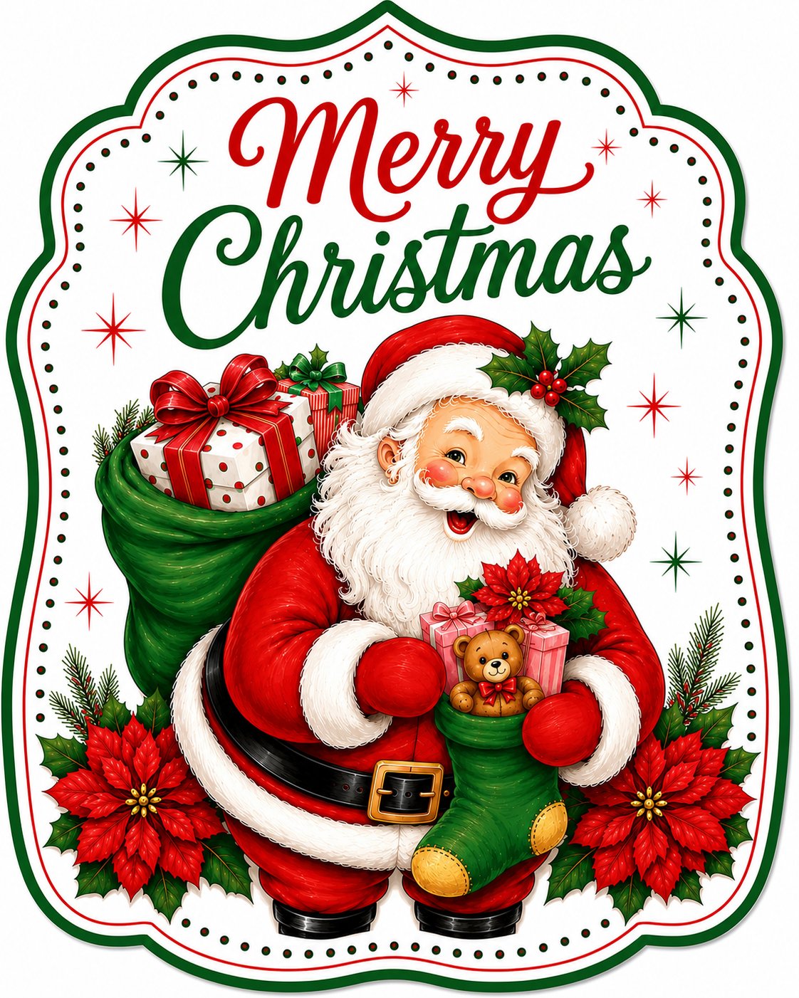 Merry Christmas Santa With Green Stocking 12" Wood Wreath Sign - MF-W-0119