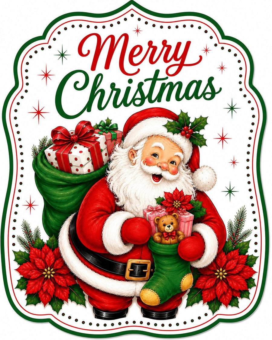 Merry Christmas Santa With Green Stocking 12" Wood Wreath Sign - MF-W-0119
