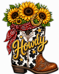 Thumbnail for Howdy Sunflower Boot 12" Wood Wreath Sign - PS-W-0089