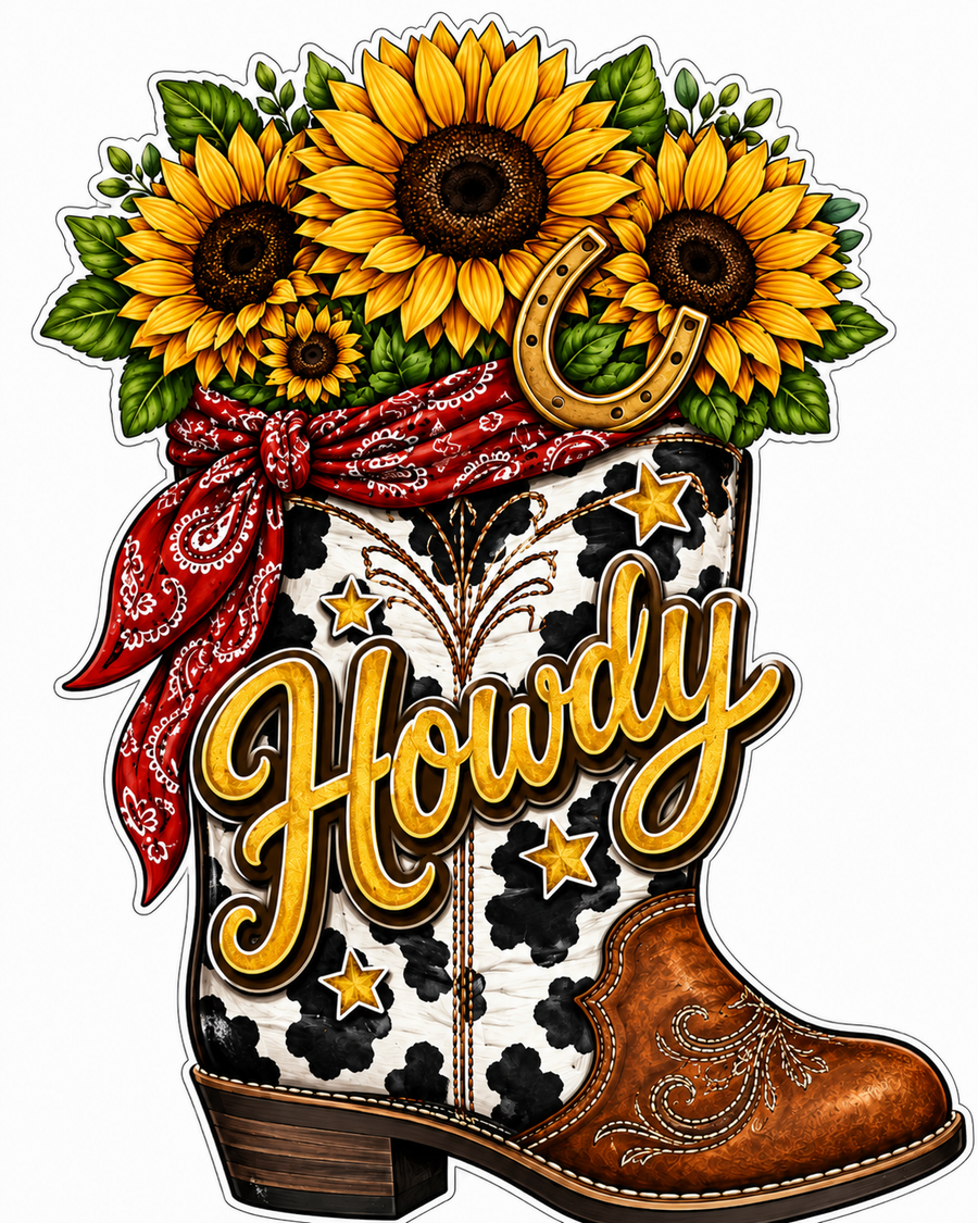 Howdy Sunflower Boot 12" Wood Wreath Sign - PS-W-0089