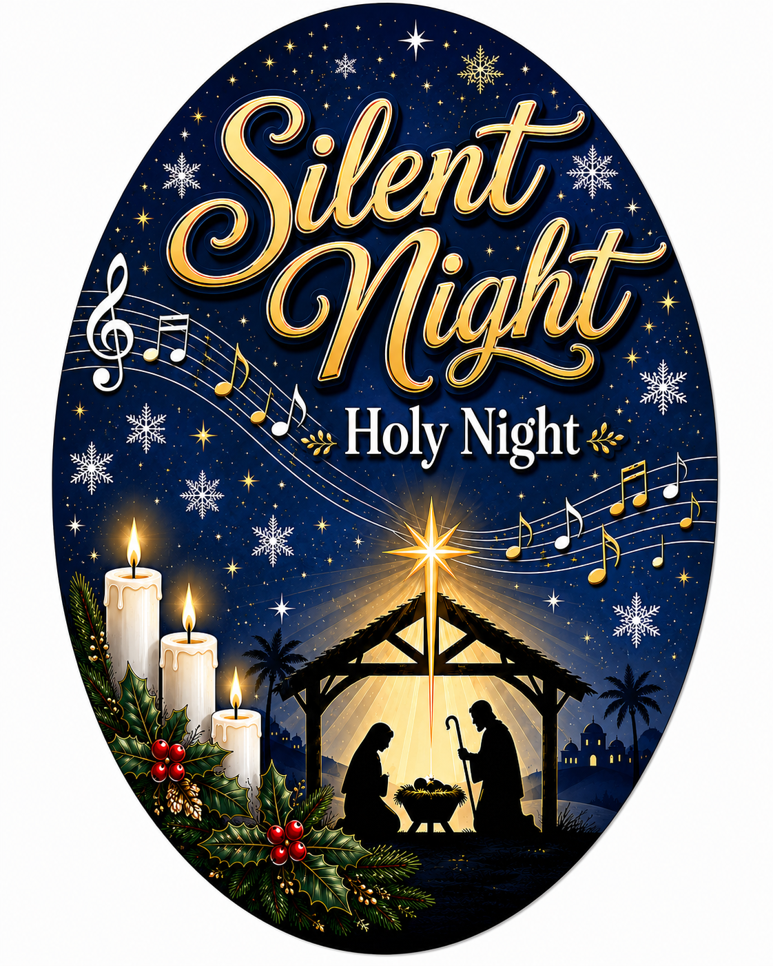 Silent Night Holy Night Oval 12" Wood Wreath Sign - PS-W-0098