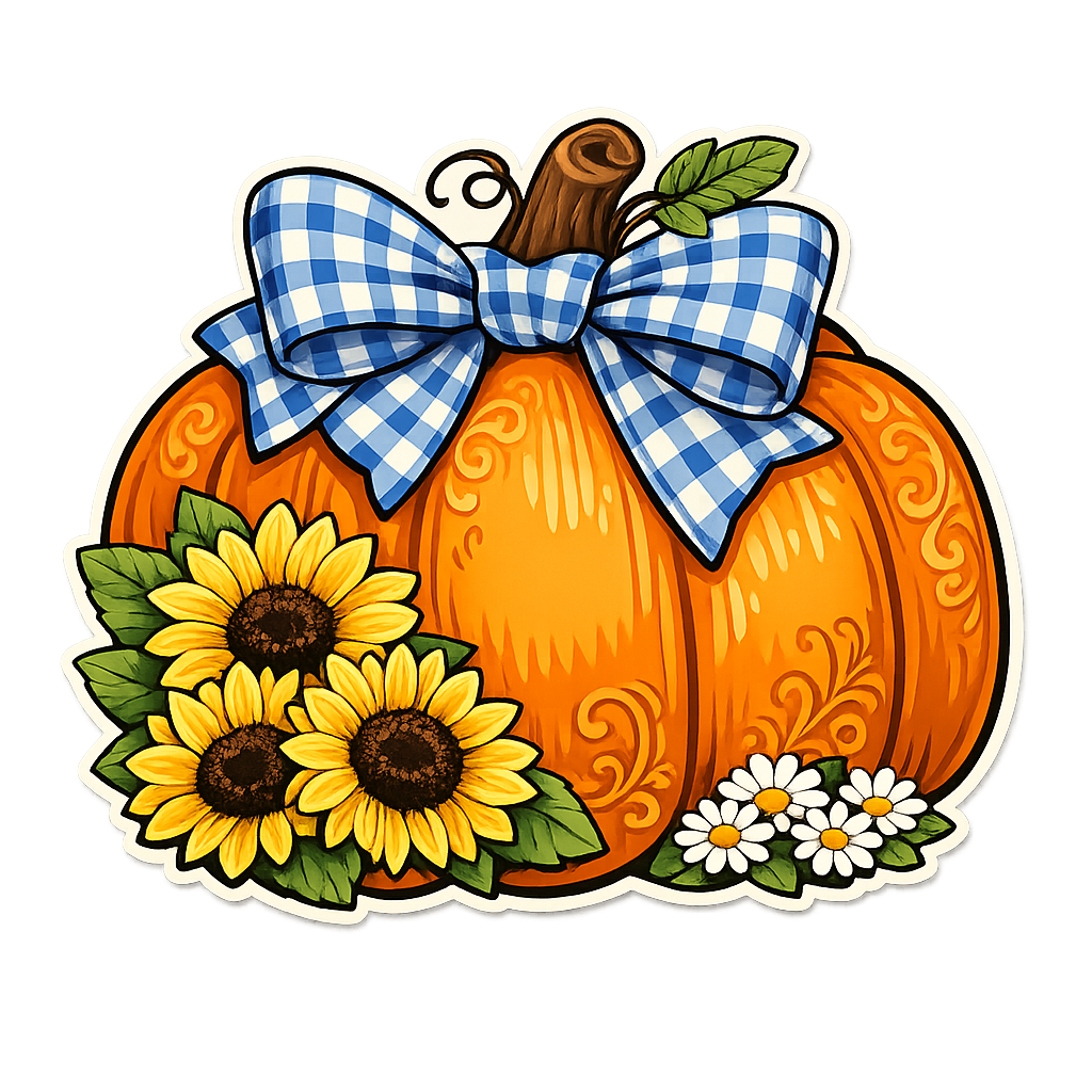 Blue Gingham Bow Pumpkin 12" Wood Wreath Sign - PS-W-0110