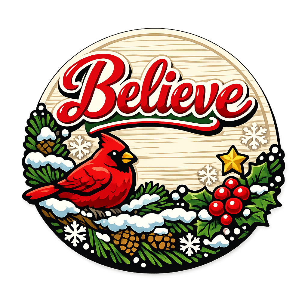 Believe Cardinal Christmas 12" Wood Wreath Sign - PS-W-0117