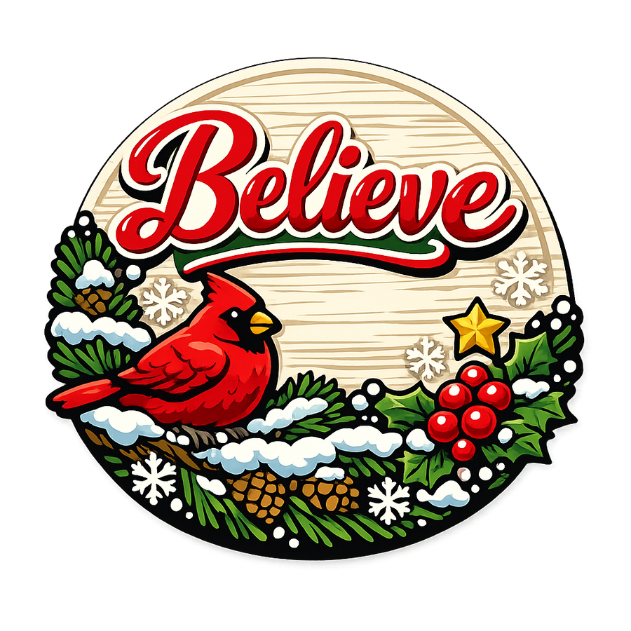 Believe Cardinal Christmas 12" Wood Wreath Sign - PS-W-0117