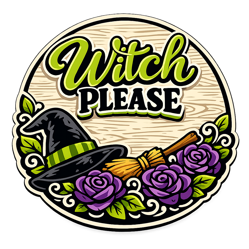 Witch Please Witch Hat Broom Roses Halloween 12" Wood Wreath Sign - PS-W-0179
