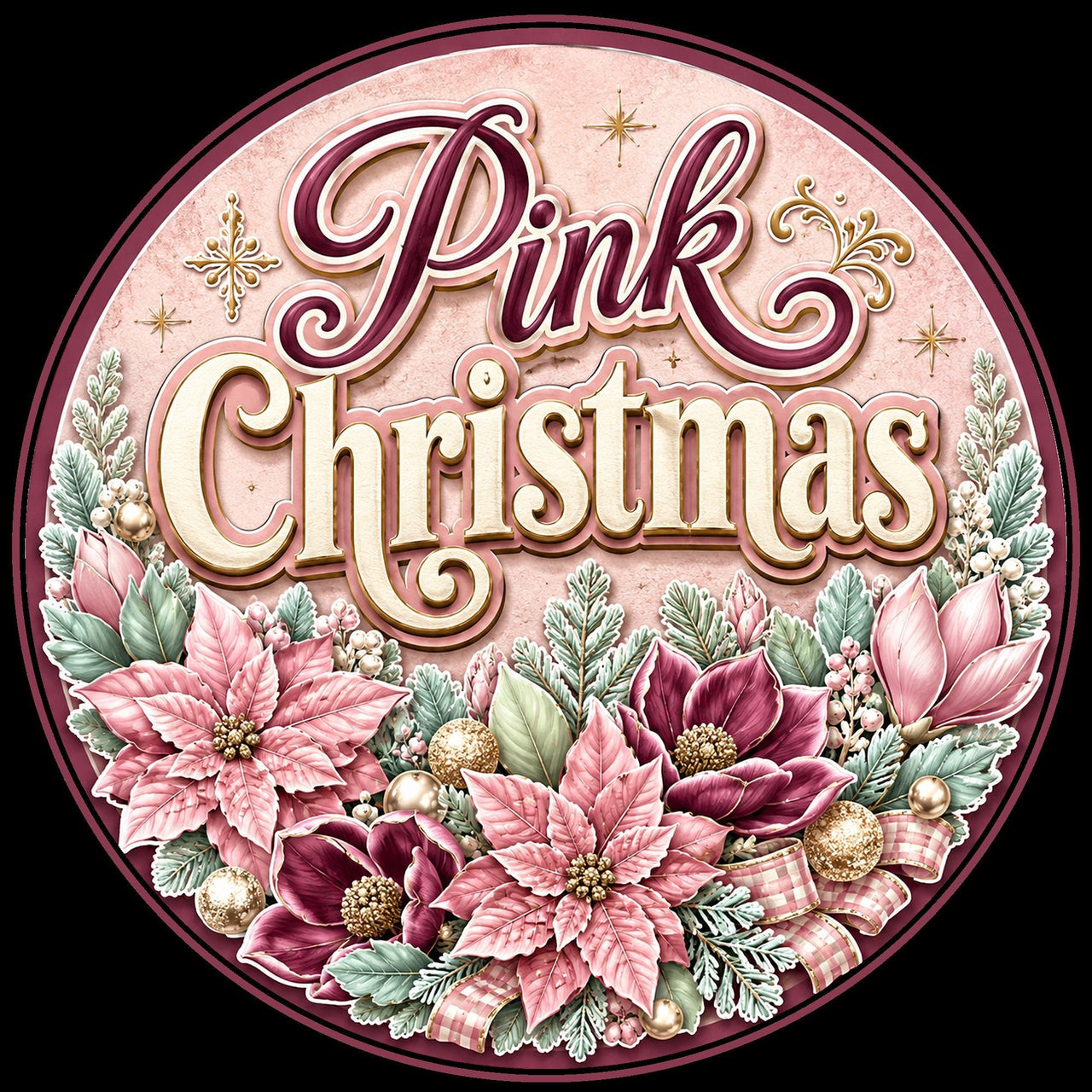 Pink Christmas Poinsettia 12" Wood Wreath Sign - PS-W-0184