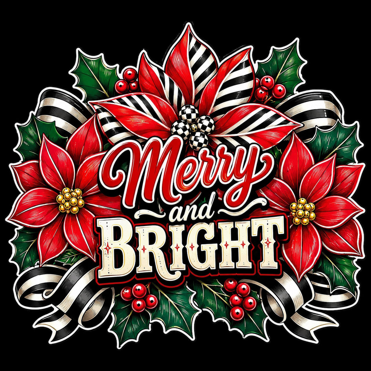 Merry and Bright Striped Poinsettia 12" Wood Wreath Sign - PS-W-0187