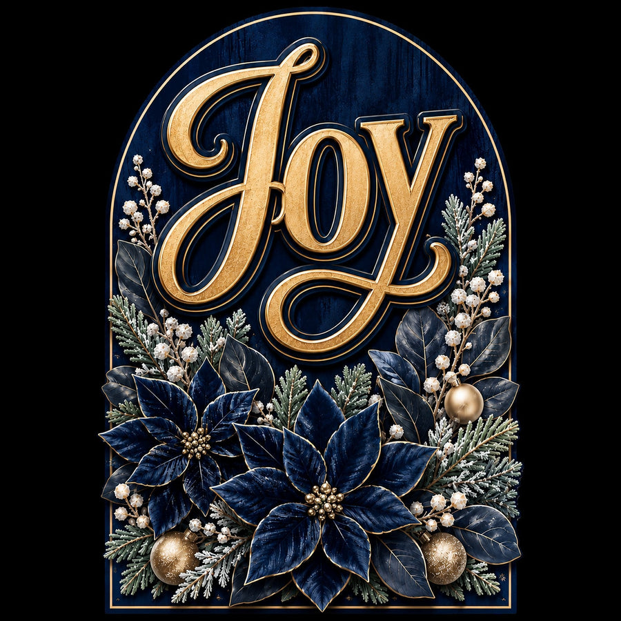 Joy Navy Gold Poinsettia 12" Wood Wreath Sign - PS-W-0214
