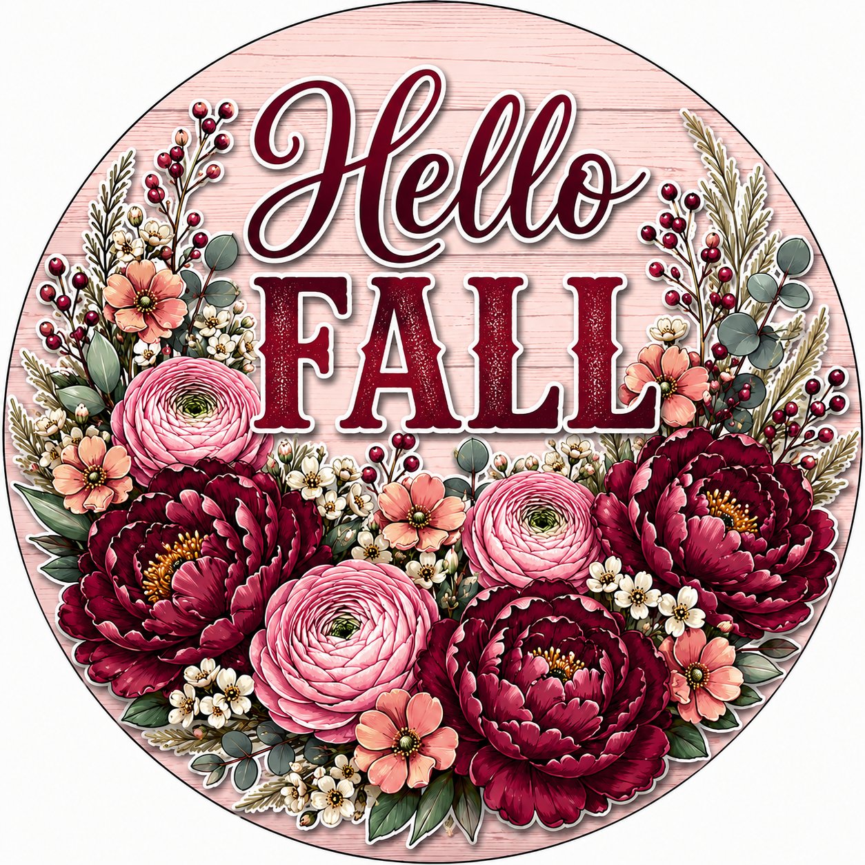Hello Fall Pink Peonies 10" Wood Wreath Sign - PS-W-0217