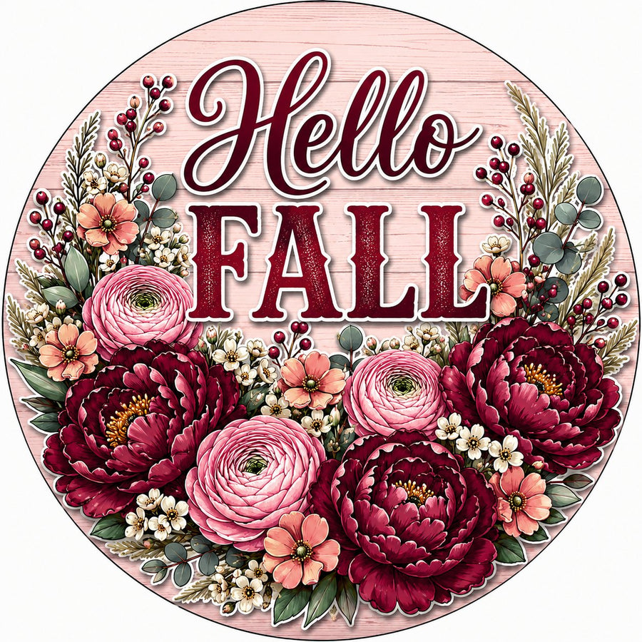 Hello Fall Pink Peonies 10" Wood Wreath Sign - PS-W-0217