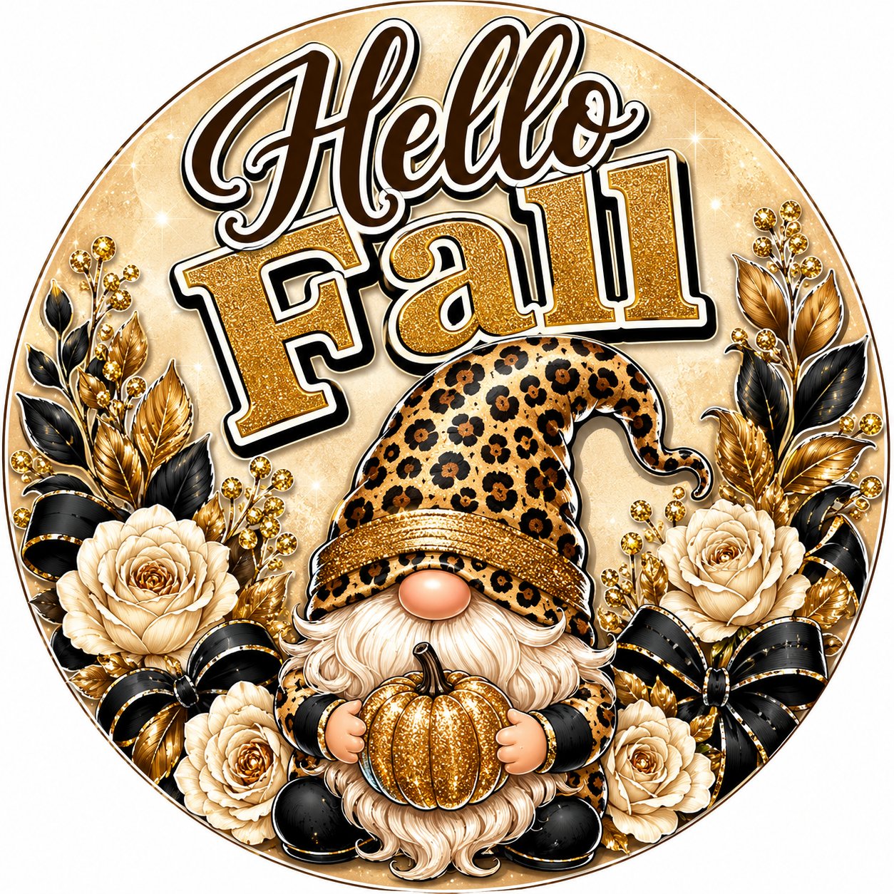 Hello Fall Leopard Gnome 10" Wood Wreath Sign - PS-W-0218