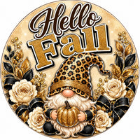 Thumbnail for Hello Fall Leopard Gnome 10" Wood Wreath Sign - PS-W-0218