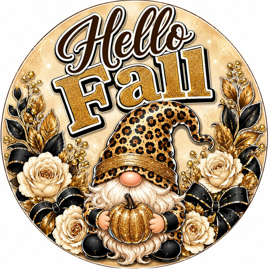 Hello Fall Leopard Gnome 10" Wood Wreath Sign - PS-W-0218