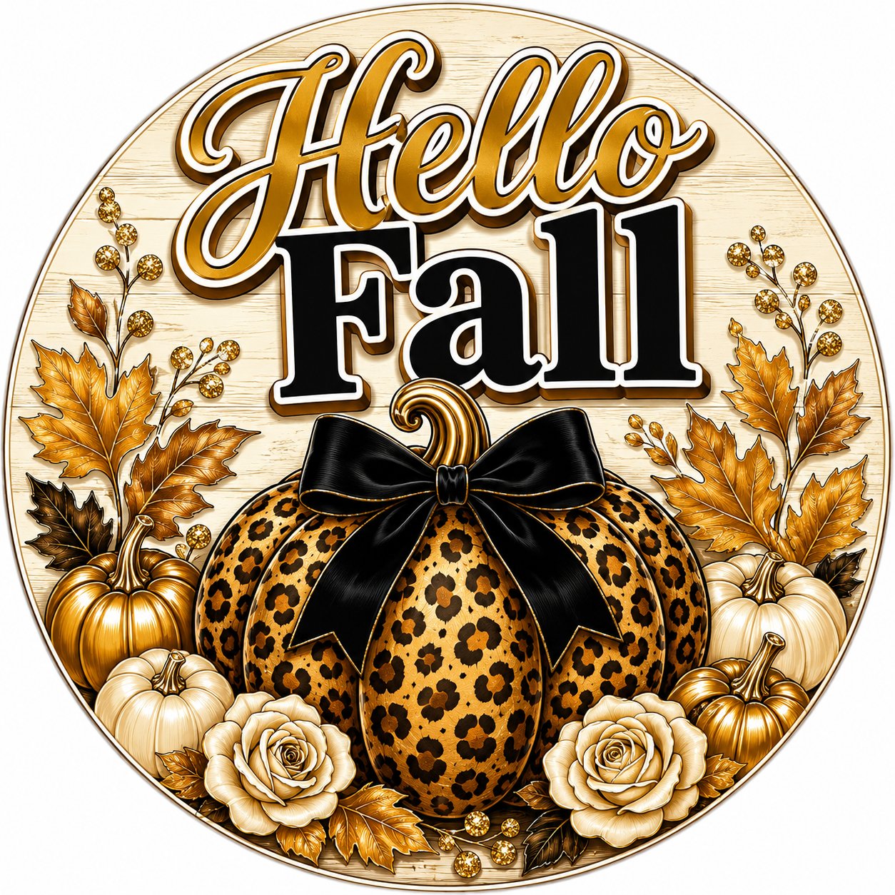 Hello Fall Leopard Pumpkin 10" Wood Wreath Sign - PS-W-0220