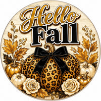 Thumbnail for Hello Fall Leopard Pumpkin 10" Wood Wreath Sign - PS-W-0220