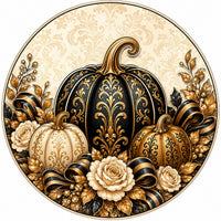 Thumbnail for Black and Gold Damask Pumpkins 10" Wood Wreath Sign - PS-W-0221