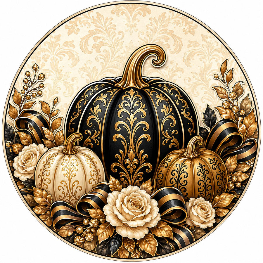 Black and Gold Damask Pumpkins 10" Wood Wreath Sign - PS-W-0221