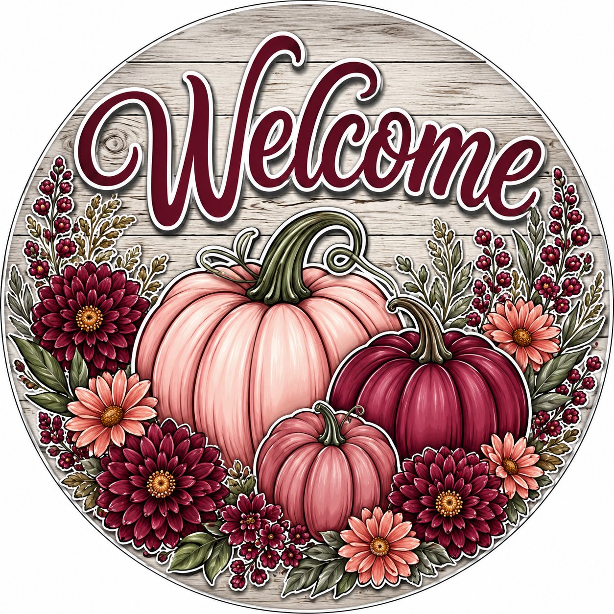 Welcome Burgundy Pumpkins 10" Wood Wreath Sign - PS-W-0223