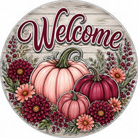 Thumbnail for Welcome Burgundy Pumpkins 10" Wood Wreath Sign - PS-W-0223