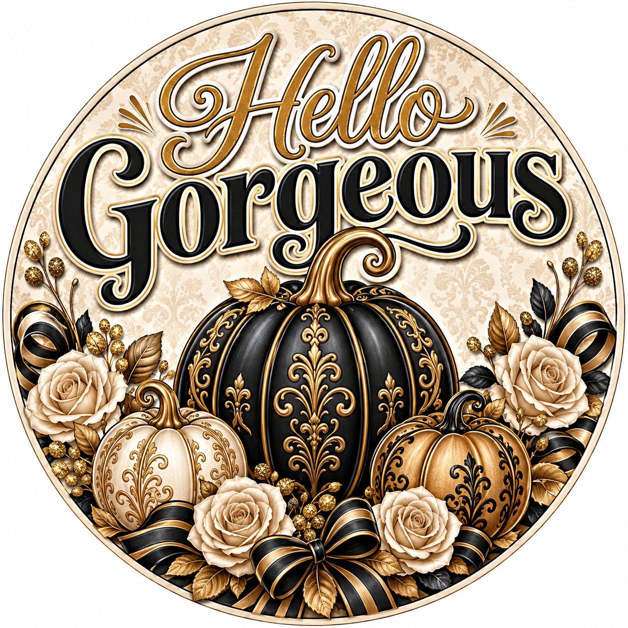 Hello Gorgeous Elegant Pumpkins 10" Wood Wreath Sign - PS-W-0226