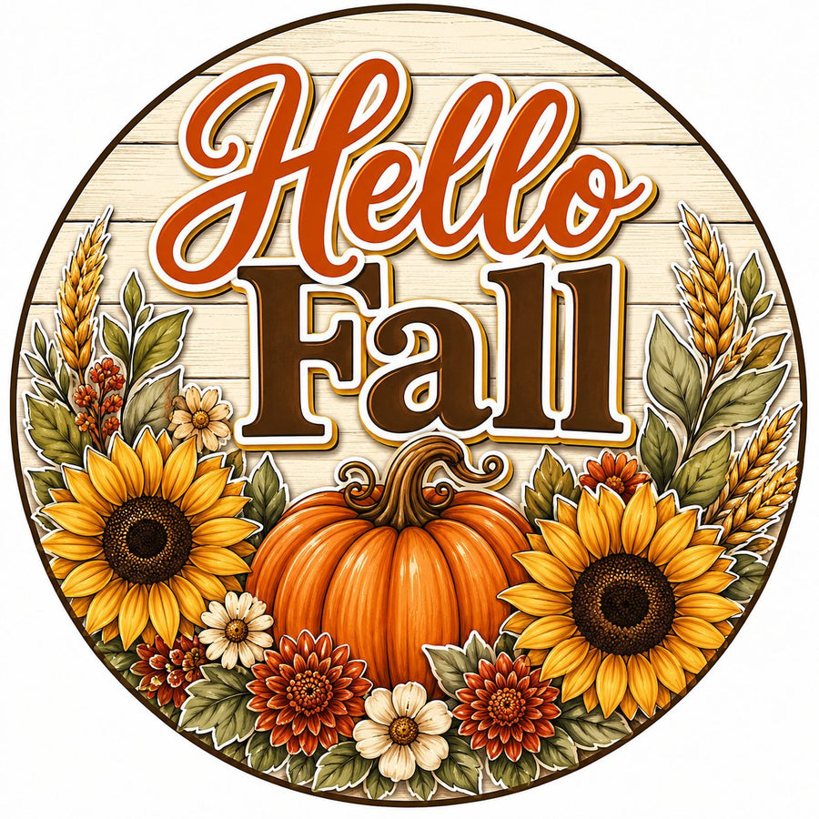 Hello Fall Sunflower Pumpkin 10" Wood Wreath Sign - PS-W-0233