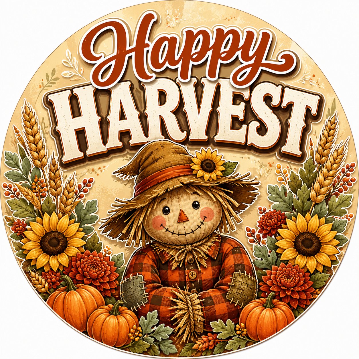Happy Harvest Scarecrow 10" Wood Wreath Sign - PS-W-0234