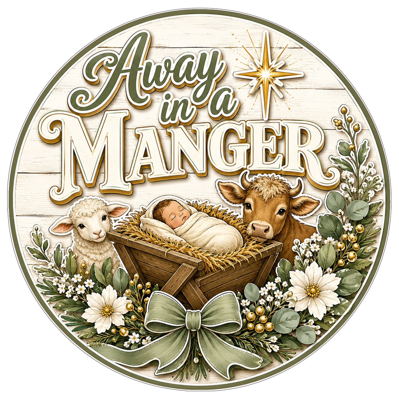 Away in a Manger 10" Wood Wreath Sign - PS-W-0242