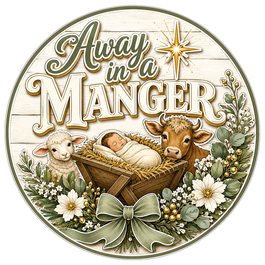 Away in a Manger 10" Wood Wreath Sign - PS-W-0242