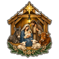 Thumbnail for Holy Family Nativity Stable 12" Wood Wreath Sign - PS-W-0243