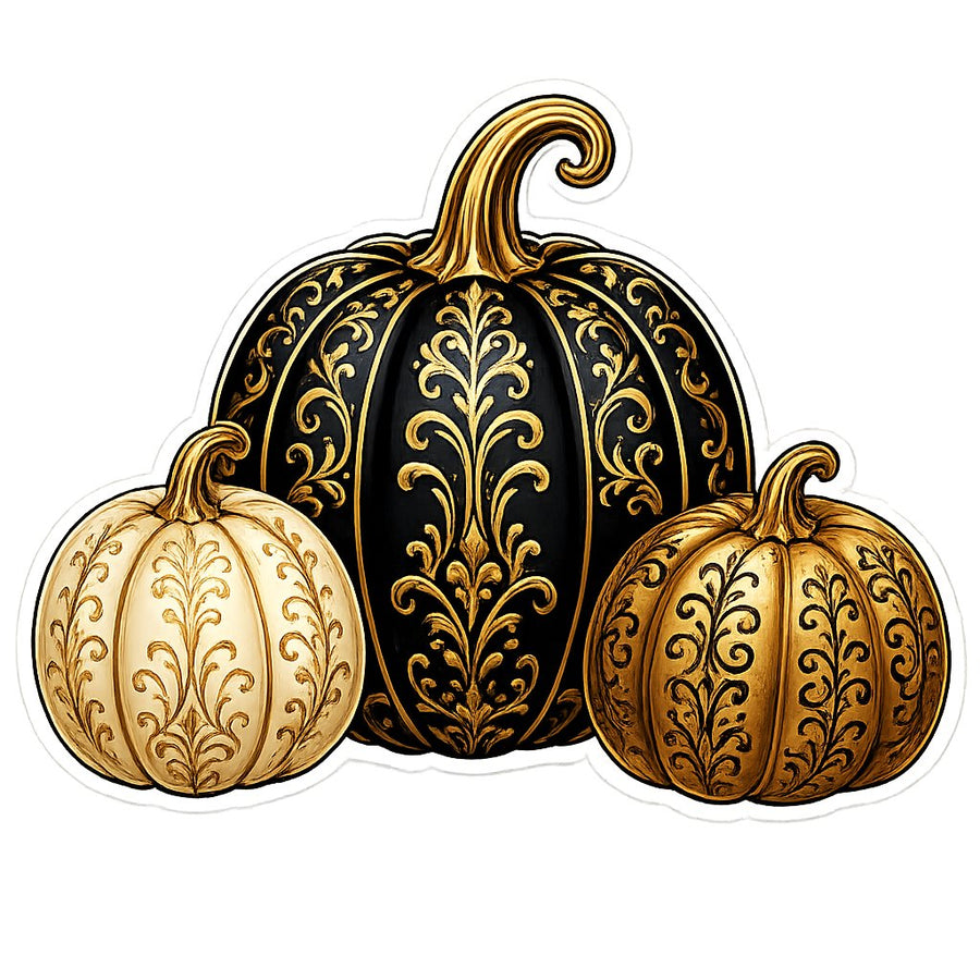 Black Gold Damask Pumpkin Trio 12" Wood Wreath Sign - PS-W-0249