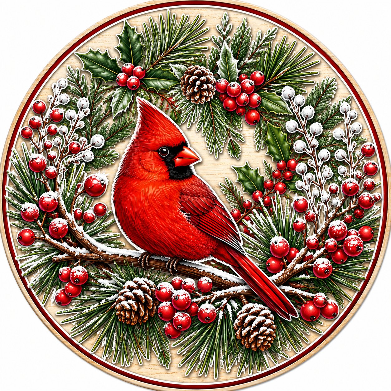 Winter Cardinal Holly 10" Wood Wreath Sign - PS-W-0250