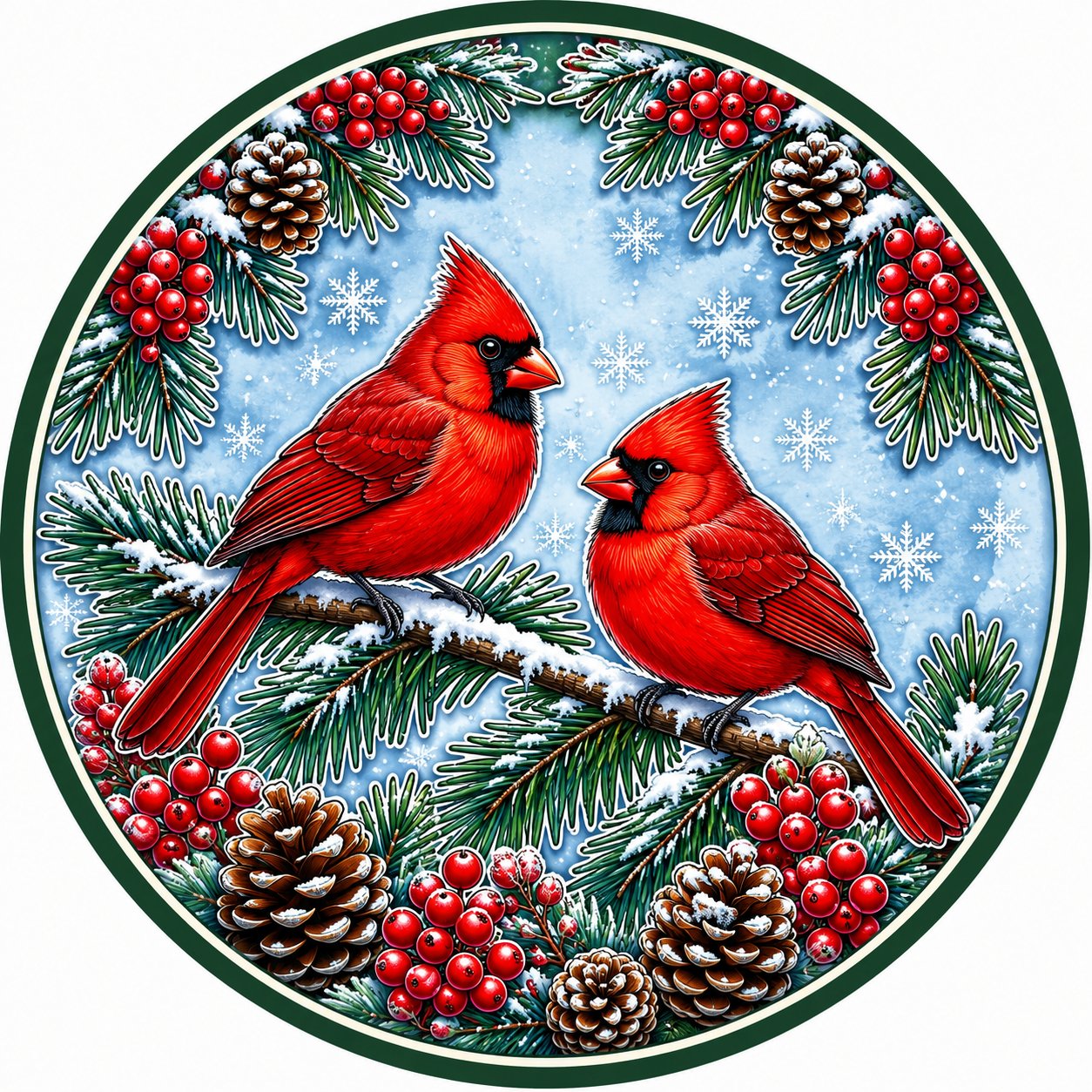 Winter Cardinal Pair Snow 10" Wood Wreath Sign - PS-W-0255