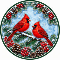 Thumbnail for Winter Cardinal Pair Snow 10" Wood Wreath Sign - PS-W-0255