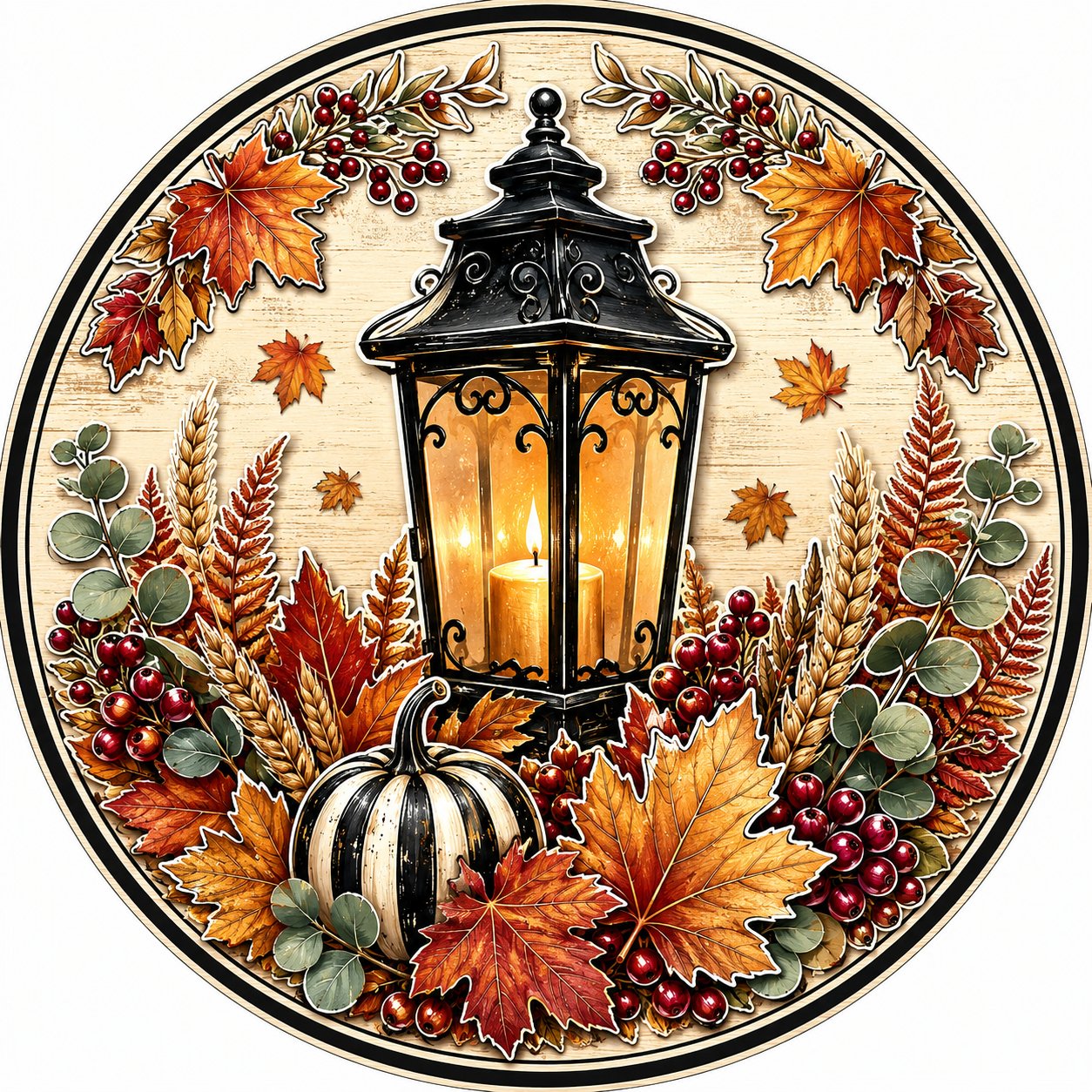 Fall Lantern Wheat 10" Wood Wreath Sign - PS-W-0256