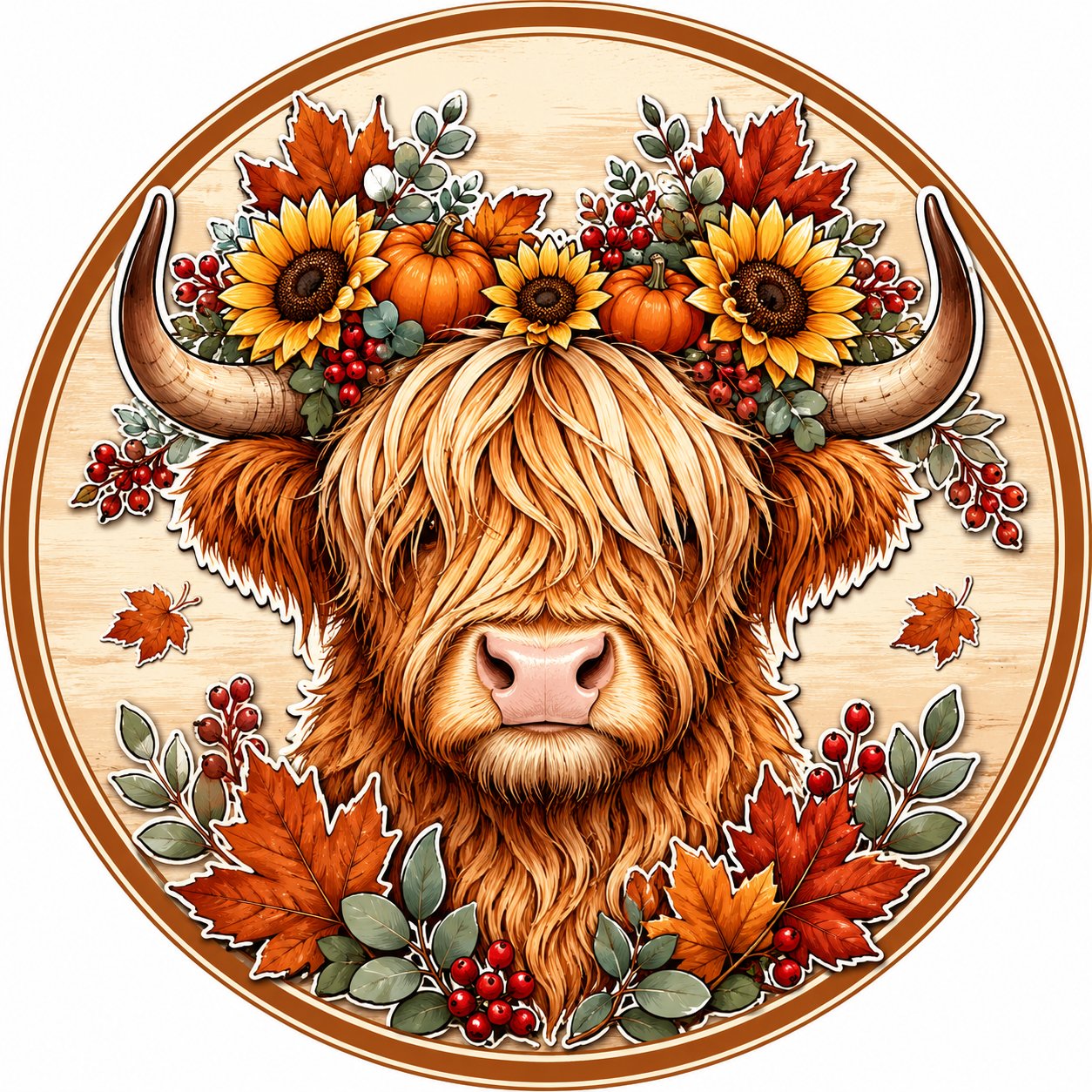 Fall Highland Cow Sunflowers 10" Wood Wreath Sign - PS-W-0257