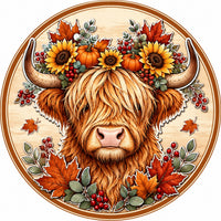 Thumbnail for Fall Highland Cow Sunflowers 10" Wood Wreath Sign - PS-W-0257