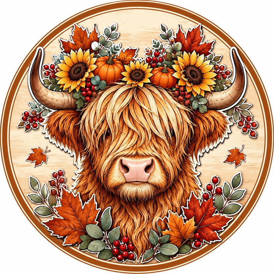 Fall Highland Cow Sunflowers 10" Wood Wreath Sign - PS-W-0257