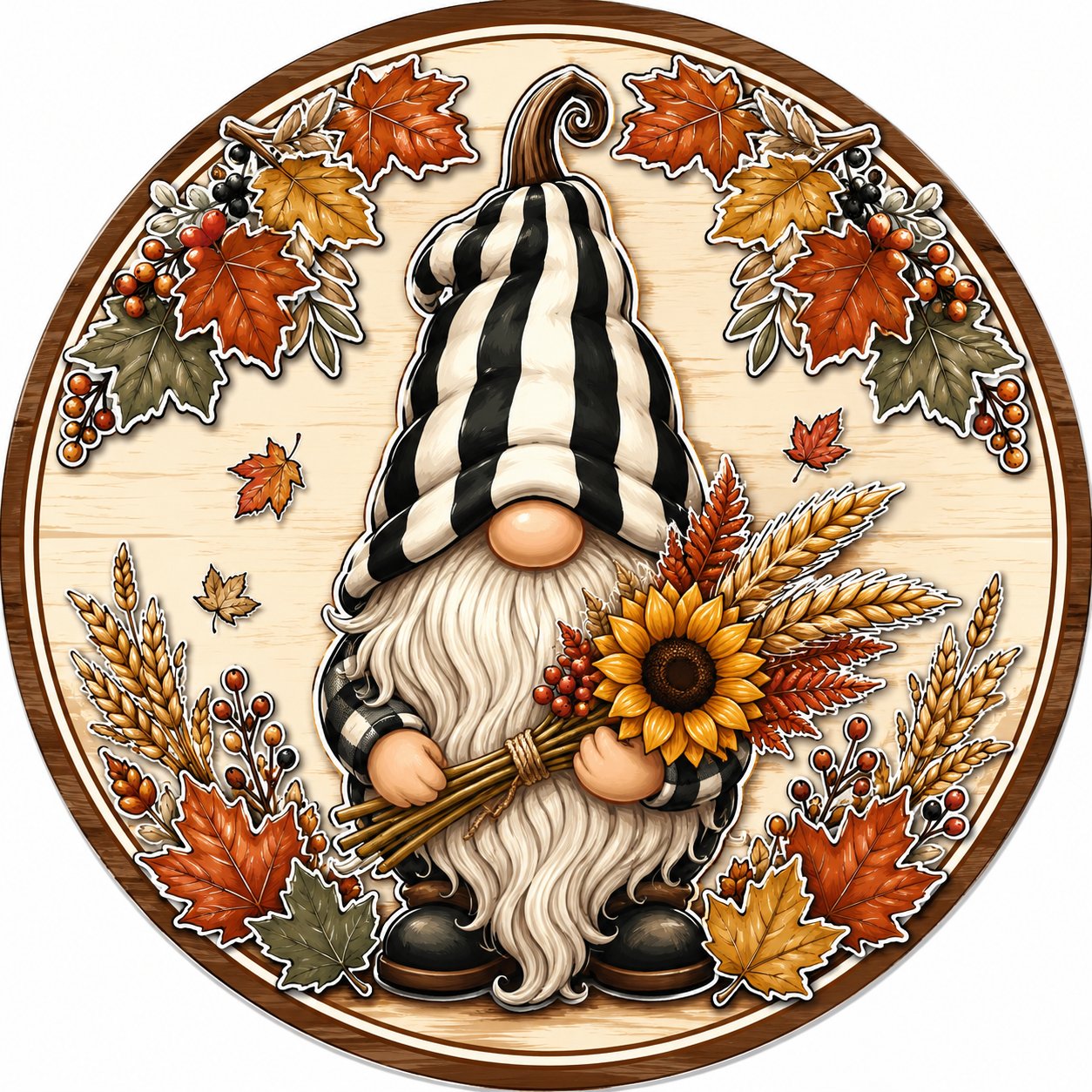 Fall Gnome Striped Hat 10" Wood Wreath Sign - PS-W-0258