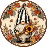 Thumbnail for Fall Gnome Striped Hat 10" Wood Wreath Sign - PS-W-0258