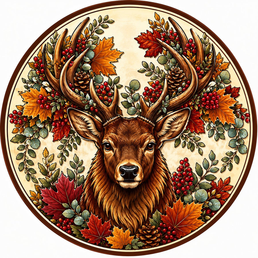Autumn Deer Stag 10" Wood Wreath Sign - PS-W-0259