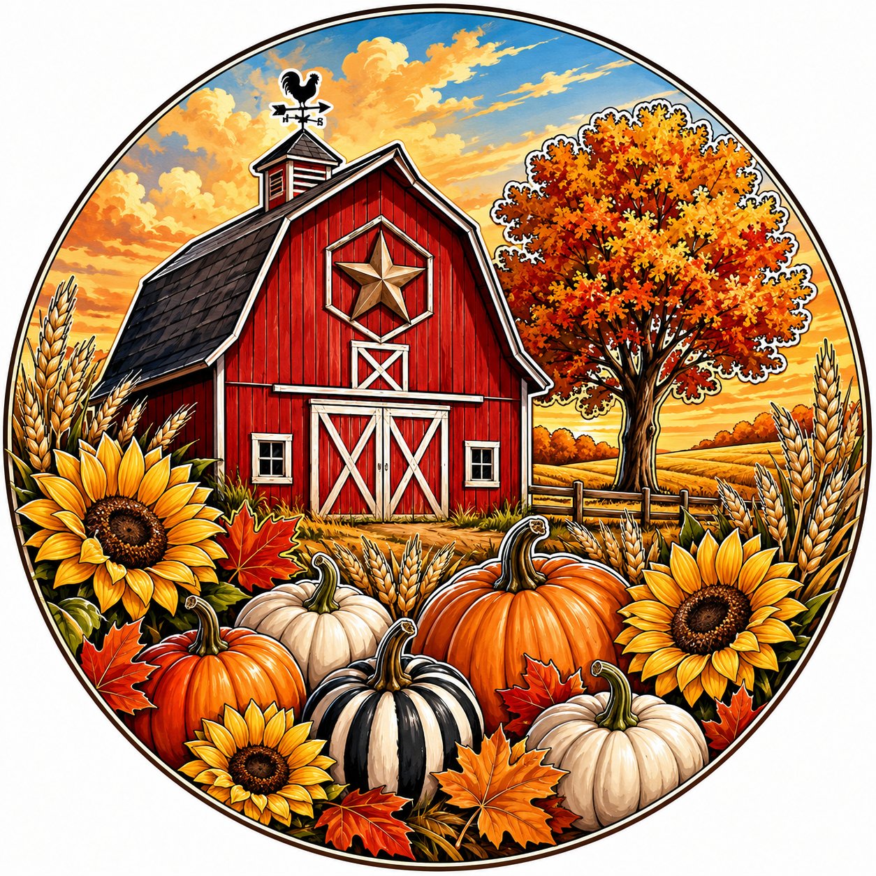 Fall Red Barn Harvest 10" Wood Wreath Sign - PS-W-0260