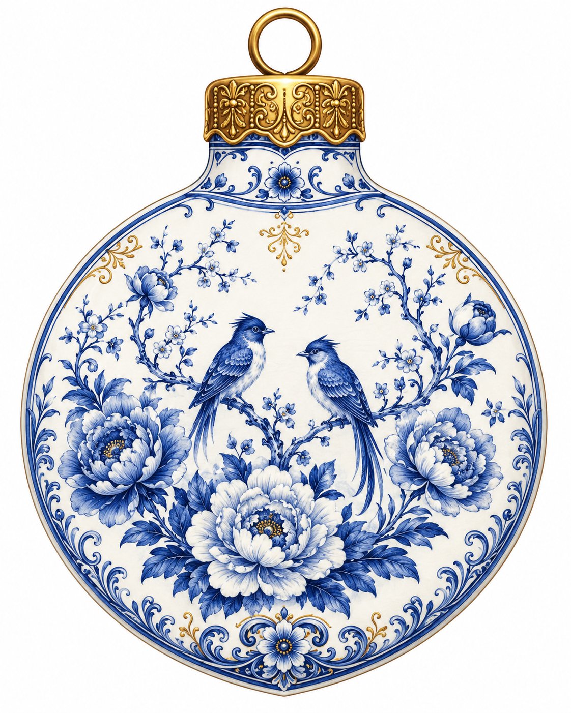 Blue Chinoiserie Songbird Peony 22" Wood Door Hanger - PS-W-0262-DH-22