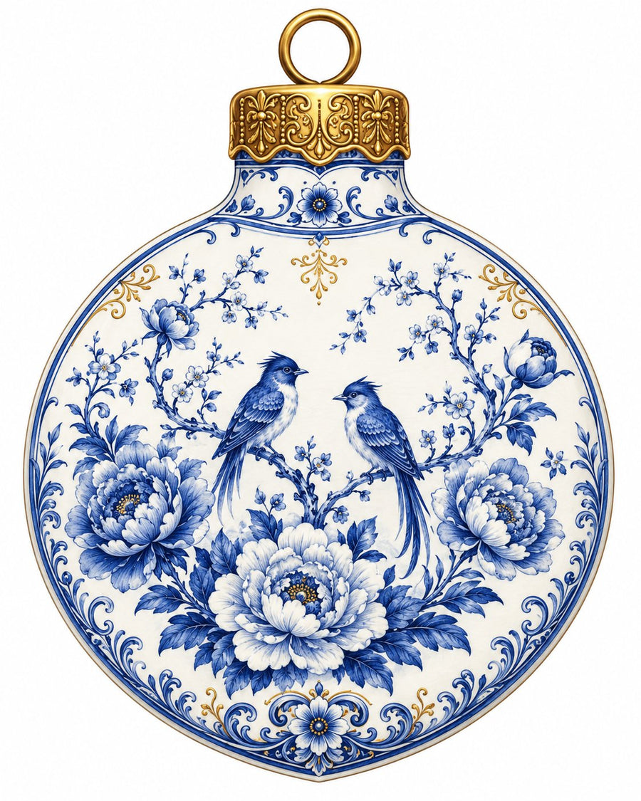 Blue Chinoiserie Songbird Peony 12" Wood Wreath Sign - PS-W-0262