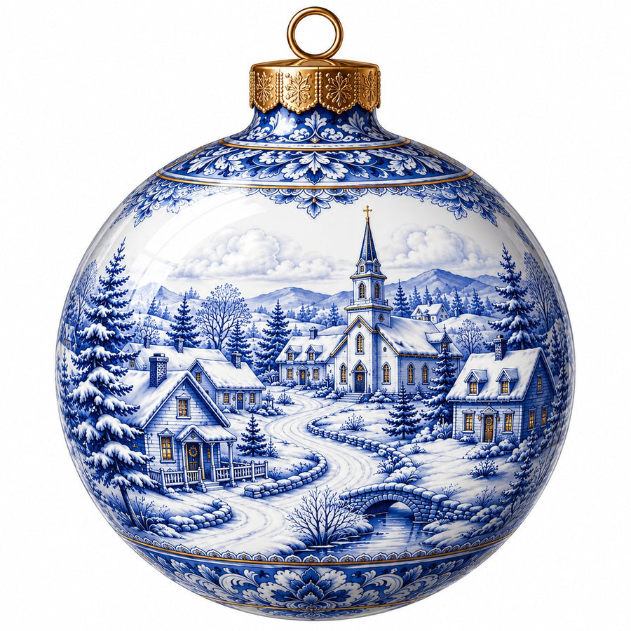 Blue White Delft Winter Village 12" Wood Wreath Sign - PS-W-0263