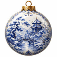 Thumbnail for Blue Chinoiserie Pagoda Bridge 22" Wood Door Hanger - PS-W-0266-DH-22