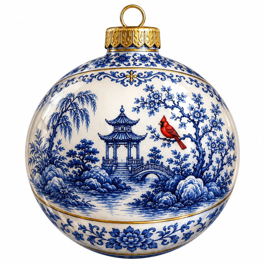 Blue Chinoiserie Cardinal 22" Wood Door Hanger - PS-W-0268-DH-22